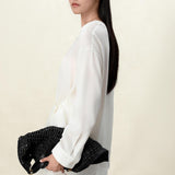 Elegant Beige Tencel-Linen V-Neck Vacation Blouse with Asymmetric Waist Tie - Fluid Silky Texture for Women