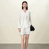 Elegant Beige Tencel-Linen V-Neck Vacation Blouse with Asymmetric Waist Tie - Fluid Silky Texture for Women