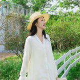 Elegant Beige Tencel-Linen V-Neck Vacation Blouse with Asymmetric Waist Tie - Fluid Silky Texture for Women