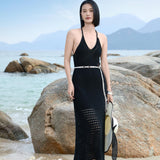 Elegant Black Sheer Linen-Blend Summer Slip Dress | Semi-Transparent Lightweight Beach Cover-Up