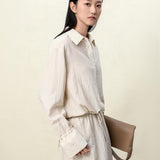 Apricot & Black Linen-Blend Cropped Shirt | Women's Summer Breezy Top with Adjustable Drawstring Hem