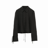 Apricot & Black Linen-Blend Cropped Shirt | Women's Summer Breezy Top with Adjustable Drawstring Hem