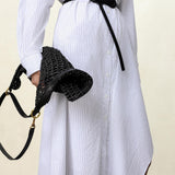 White Vertical Stripe Shirt Dress | Slimming Cotton-Blend | Longline Office-to-Resort Wear