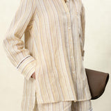 Sunny Yellow Striped Linen Wrap Shirt & Shorts Set: Crinkle-Textured Summer Beachwear Ensemble