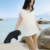 Elegant Beige Pleated Sleeveless Tank Top for Women | Vertical Structured Design | Summer Fashion