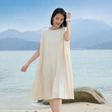 Elegant Ivory Pleated Midi Dress with Vertical Structure - Sophisticated Beige Attire for Women
