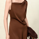 Elegant Brown / Black Asymmetrical Midi Slip Dress with Twisted Straps for Women - Coffee-Colored Acetate Cocktail Gown