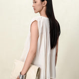Elegant Beige Pleated Sleeveless Tank Top for Women | Vertical Structured Design | Summer Fashion