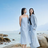 Versatile Sky Blue Acetate Linen Blend Shirt for Women - Oversized Multi-Way Styling