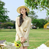 Sunny Yellow Striped Linen Wrap Shirt & Shorts Set: Crinkle-Textured Summer Beachwear Ensemble