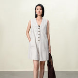 Elegant V-Neck Stonewashed Linen Jumpsuit with Utility Details - A-Line Silhouette for Women | V-Neck Utility Detail