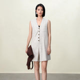 Elegant V-Neck Stonewashed Linen Jumpsuit with Utility Details - A-Line Silhouette for Women | V-Neck Utility Detail