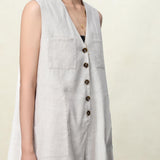 Elegant V-Neck Stonewashed Linen Jumpsuit with Utility Details - A-Line Silhouette for Women | V-Neck Utility Detail