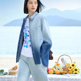 Gradient Blue Denim Shirt & Wide-Leg Jeans Set: Faded Wash, Chest Pocket, Slim Fit for Women, blue denim shirt, gradient denim shirt women