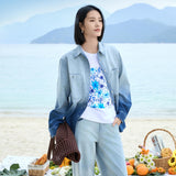 Gradient Blue Denim Shirt & Wide-Leg Jeans Set: Faded Wash, Chest Pocket, Slim Fit for Women, blue denim shirt, gradient denim shirt women