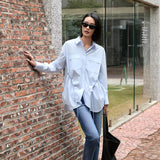 Elegant Blue Tailored Women's Blouse with Cinched Waist | Washed Poly-Cotton Contouring Shirt