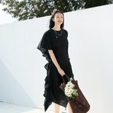 Elegant Black Draped Bell Sleeve Blouse & Skirt Set | Eco-Conscious Lyocell Fabric | Relaxed Round Neck
