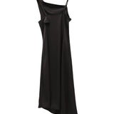 Elegant Brown / Black Asymmetrical Midi Slip Dress with Twisted Straps for Women - Coffee-Colored Acetate Cocktail Gown