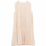 Elegant Ivory Pleated Midi Dress with Vertical Structure - Sophisticated Beige Attire for Women