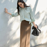 Eco-Friendly Espresso Brown Midi Wrap Skirt with Utility Pleats & Safari-Inspired Healing Aesthetic
