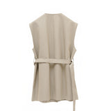 Elegant Misty Salt-Grey Sleeveless Trench Vest for Women: Military-Inspired Fashion Statement, military-Inspired jacket women