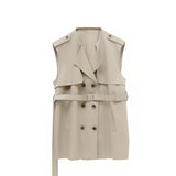 Elegant Misty Salt-Grey Sleeveless Trench Vest for Women: Military-Inspired Fashion Statement, military-Inspired jacket women