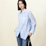 Elegant Blue Tailored Women's Blouse with Cinched Waist | Washed Poly-Cotton Contouring Shirt