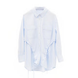 Elegant Blue Tailored Women's Blouse with Cinched Waist | Washed Poly-Cotton Contouring Shirt