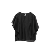 Elegant Black Draped Bell Sleeve Blouse & Skirt Set | Eco-Conscious Lyocell Fabric | Relaxed Round Neck