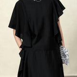 Elegant Black Draped Bell Sleeve Blouse & Skirt Set | Eco-Conscious Lyocell Fabric | Relaxed Round Neck