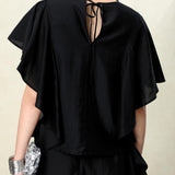 Elegant Black Draped Bell Sleeve Blouse & Skirt Set | Eco-Conscious Lyocell Fabric | Relaxed Round Neck