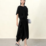 Elegant Black Draped Bell Sleeve Blouse & Skirt Set | Eco-Conscious Lyocell Fabric | Relaxed Round Neck