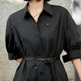 Black/Noir Beaded Belted Dress for women | Cotton-Polyester Fit & Flare | Victorian-Inspired Embroidery