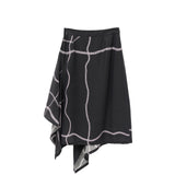 Elegant Black Asymmetrical Midi Skirt with White Stripe Detail | Tencel-Silk Blend & Cotton Lining