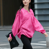 Blush Pink Relaxed Ruffle Shirt, Blush Pink Relaxed Ruffle blouse, Crinkle-Texture Design | Oversized Poly-Cotton Blend