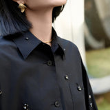 Black Beaded Oversized Cotton Shirt | Crinkle-Texture Design | Black Drop Shoulder Blouse