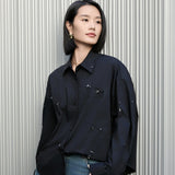 Black Beaded Oversized Cotton Shirt | Crinkle-Texture Design | Black Drop Shoulder Blouse