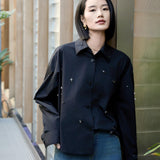Black Beaded Oversized Cotton Shirt | Crinkle-Texture Design | Black Drop Shoulder Blouse
