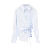 Elegant Lake Blue & Sand Beige Asymmetric Wrap Blouse | Crinkle-Resistant Poly-Cotton Blend