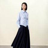 Elegant Lake Blue & Sand Beige Asymmetric Wrap Blouse | Crinkle-Resistant Poly-Cotton Blend