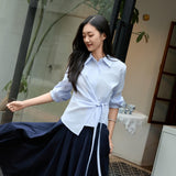 Elegant Lake Blue & Sand Beige Asymmetric Wrap Blouse | Crinkle-Resistant Poly-Cotton Blend