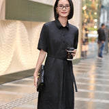 Chic Black Irregular Stripe Dress | Crinkle-Texture Design | Women's Poly-Cotton Blend Casual Wear