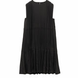 Elegant Beige & Black Vertical Pleated Dress - Sculpted Silhouette with Poly-Cotton Blend Lining