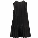 Elegant Beige & Black Vertical Pleated Dress - Sculpted Silhouette with Poly-Cotton Blend Lining