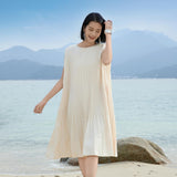 Elegant Beige & Black Vertical Pleated Dress - Sculpted Silhouette with Poly-Cotton Blend Lining