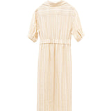 Yellow Buttercream Linen Stripe Dress for Women | Cross-Wrap Waist Detail | 100% Breathable Linen with Cotton Lining