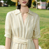 Yellow Buttercream Linen Stripe Dress for Women | Cross-Wrap Waist Detail | 100% Breathable Linen with Cotton Lining