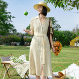 Yellow Buttercream Linen Stripe Dress for Women | Cross-Wrap Waist Detail | 100% Breathable Linen with Cotton Lining
