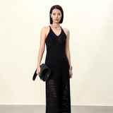 Elegant Black Sheer Linen-Blend Summer Slip Dress | Semi-Transparent Lightweight Beach Cover-Up