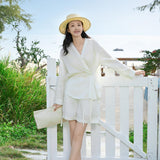 Elegant Beige Tencel-Linen V-Neck Vacation Blouse with Asymmetric Waist Tie - Fluid Silky Texture for Women